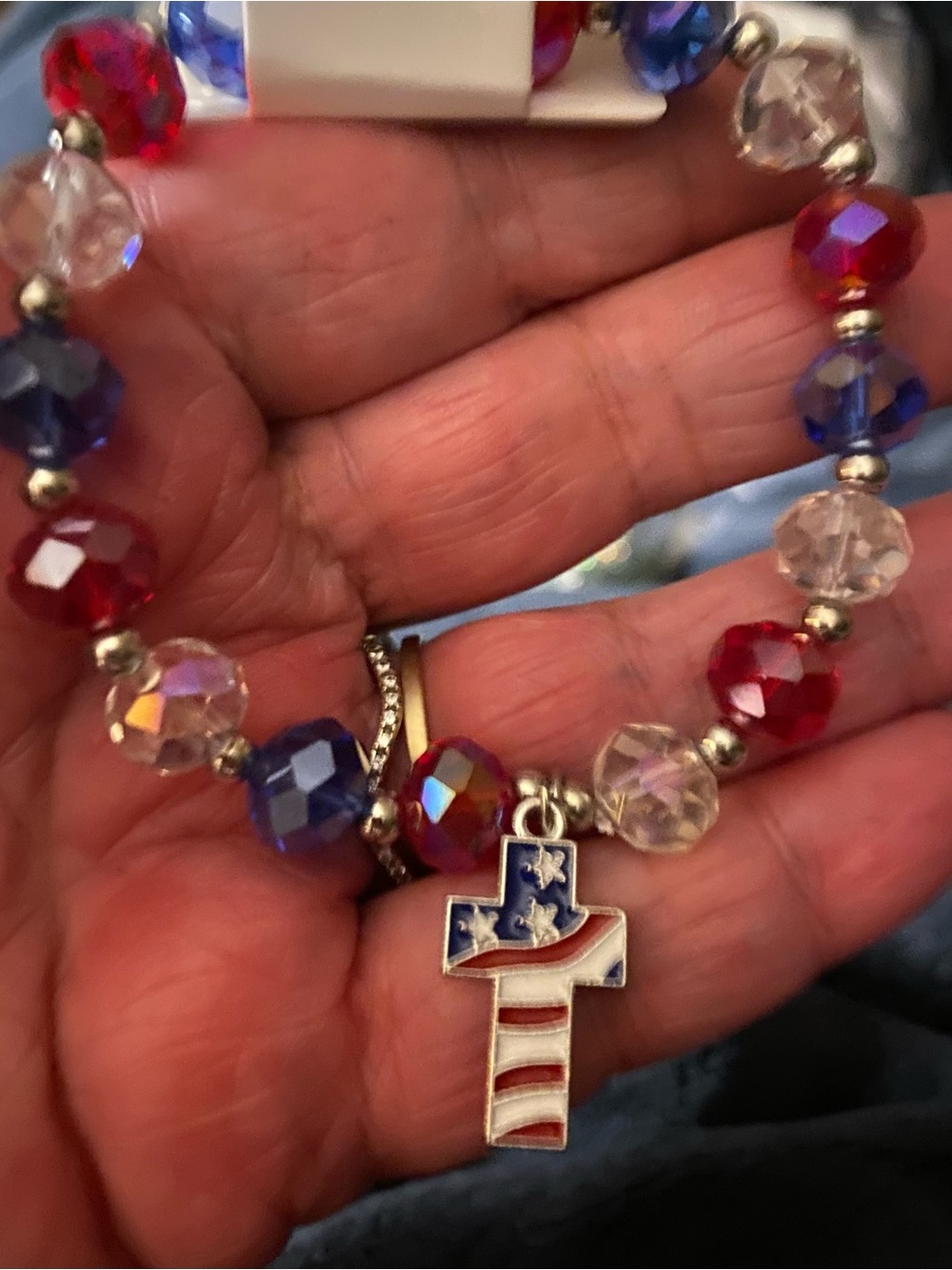 Patriotic Red, White & Blue Cross Charm Beaded Bracelet